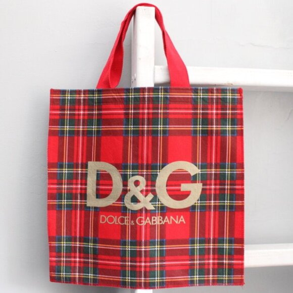DOLCE & GABBANA D&G Logo Authentic Red Felt Tartan Plaid Tote Hand Bag - Picture 1 of 7